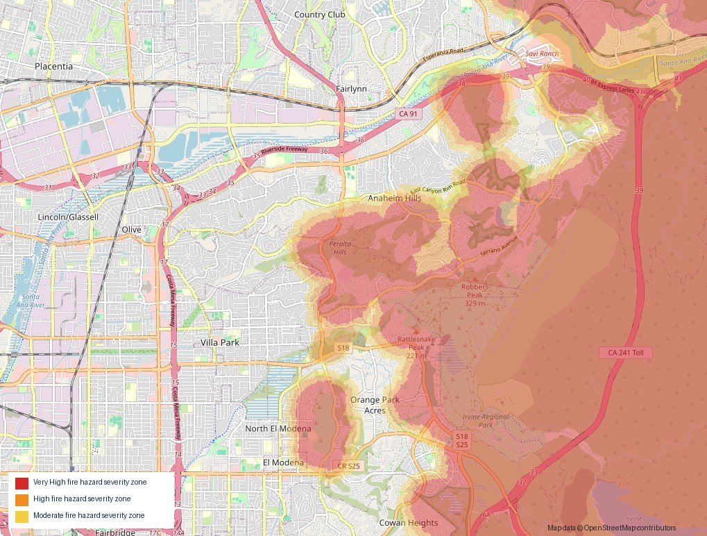 Cal Fire 2025 Fire Hazard Severity Zone map of Anaheim Hills and east Orange, with Very High zones shaded red along the hillsides south of the 91